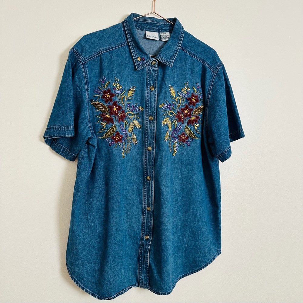 Bobbie Brooks Vintage Denim Shirt Floral Embroidered Short Sleeve Button Down - Picture 5 of 10